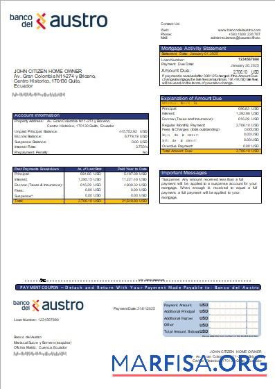 Printable Ecuador Banco del Austro bank mortgage statement scr example